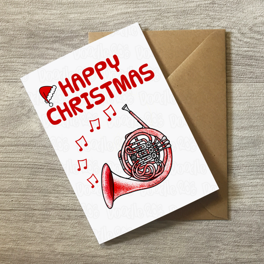 French Horn Christmas Card (Santa Hat) - Horn Player Xmas Card - Brass Musician Christmas Card