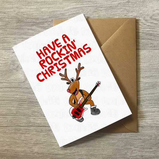 Bassist Christmas Card - Rudolf The Reindeer Playing Bass Guitar - Musician Xmas Card