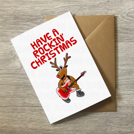 Guitarist Christmas Card - Rudolf The Reindeer Playing Electric Guitar - Musician Xmas Card