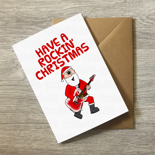 Guitarist Christmas Card - Santa Playing Electric Guitar - Musician Xmas Card