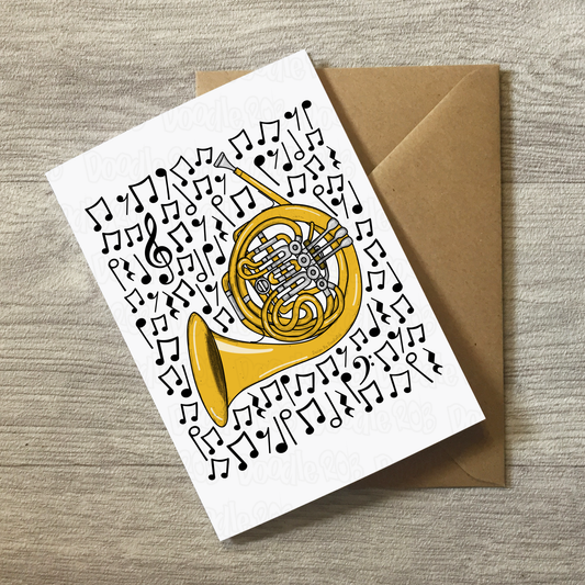 French Horn Greeting Card (Musical Notes) - Horn Player Birthday Card - Brass Musician Card