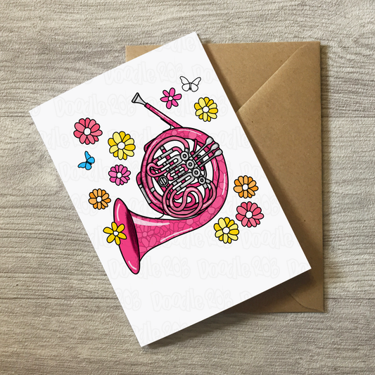 Floral French Horn Greeting Card - Female Brass Musician