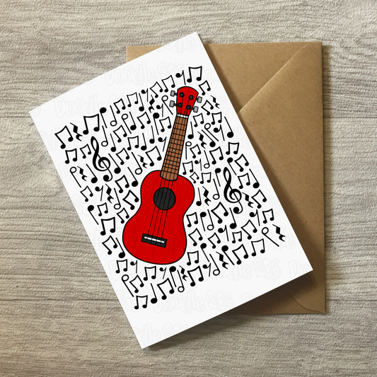 Ukulele Greeting Card (Musical Notes) - Uke Player Birthday Card - Music Teacher Card