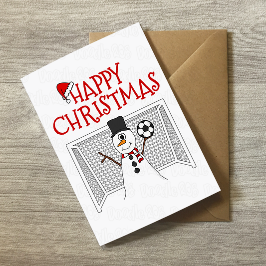 Football Christmas Card - Snowman Playing Football - Goalkeeper Xmas Card