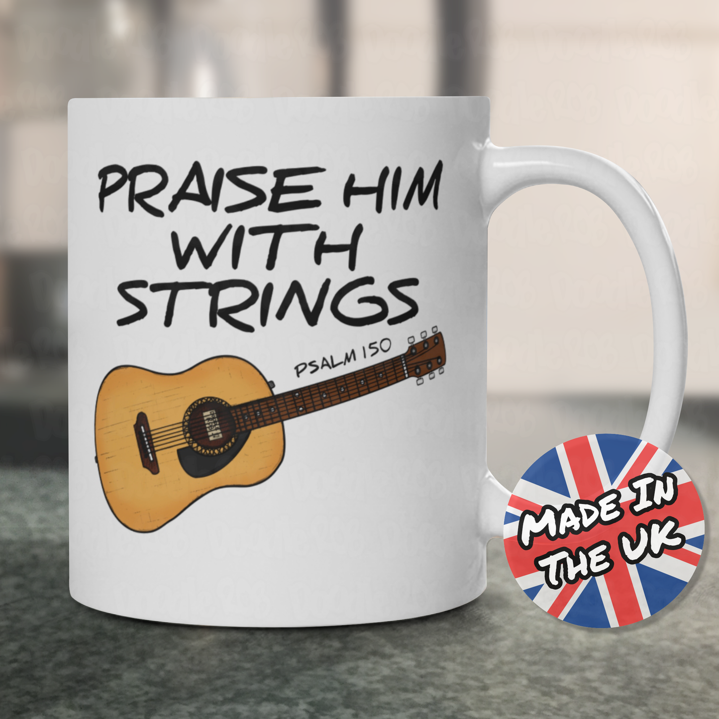 Church Guitarist Mug - Praise Him With Strings (Psalm 150) - Worship Leader Mug