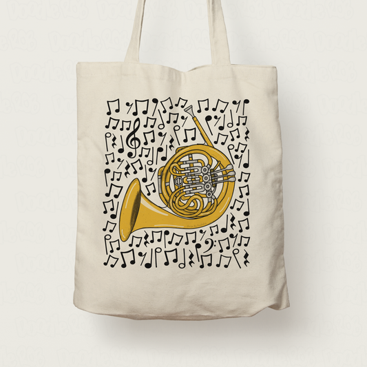 French Horn Musical Notes Tote Bag - Horn Player Tote Bag - Brass Musician Orchestra Gift