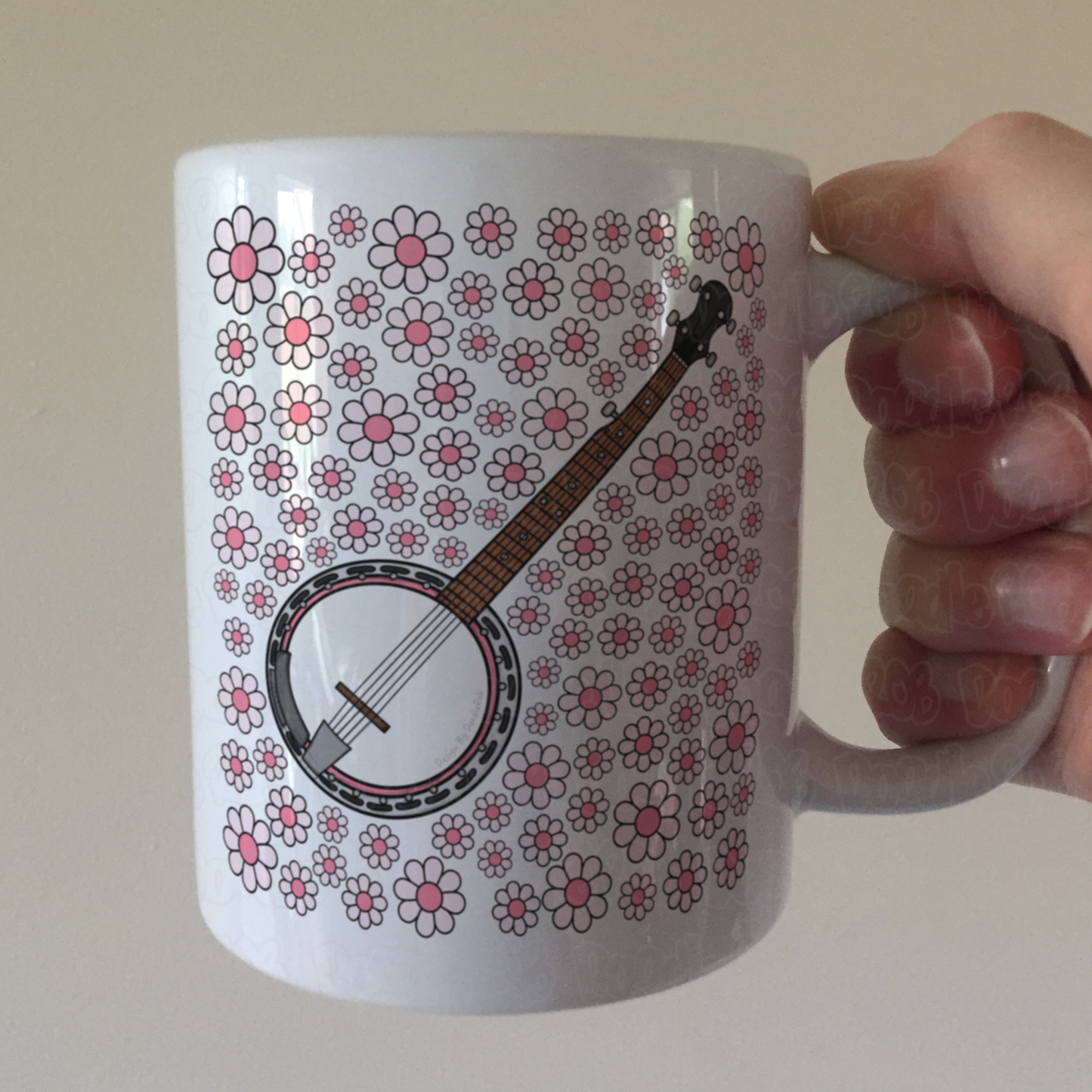 Banjo Floral Mug (Pink Flowers) - Female Banjoist - Folk Musician Gift For Girl
