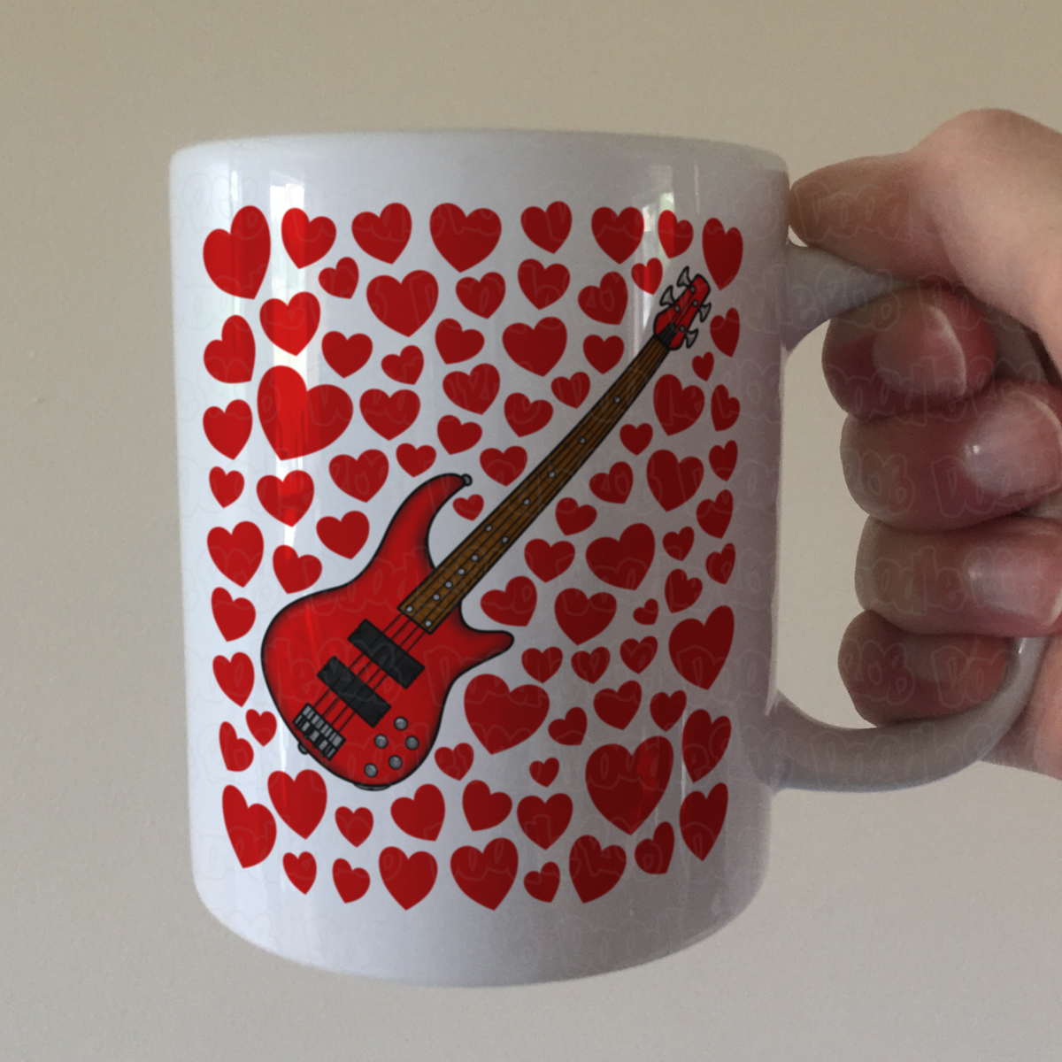 Bass Guitar With Hearts Mug - Bassist Gift - Musician Valentines Anniversary Gift