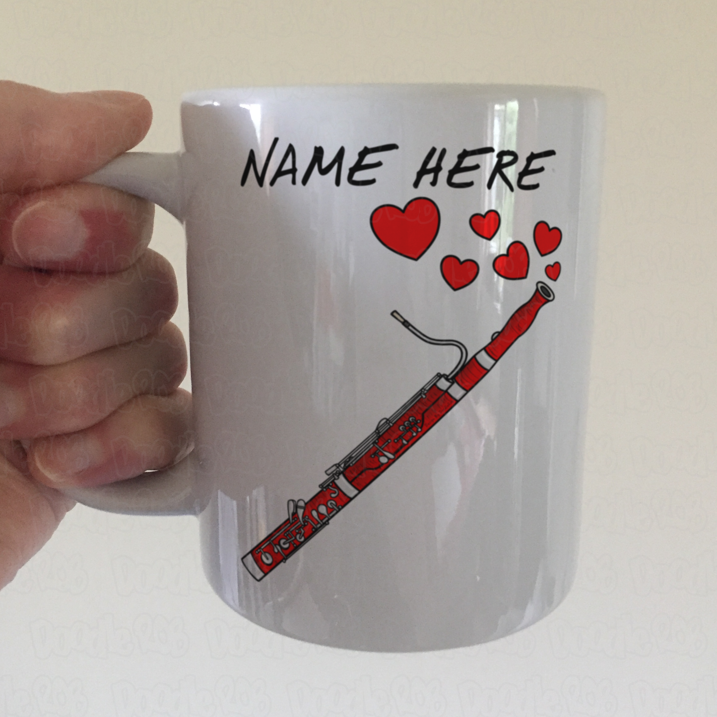 Personalised Bassoon Mug (Hearts) - Bassoonist Anniversary Gift - Custom Woodwind Musician Mug