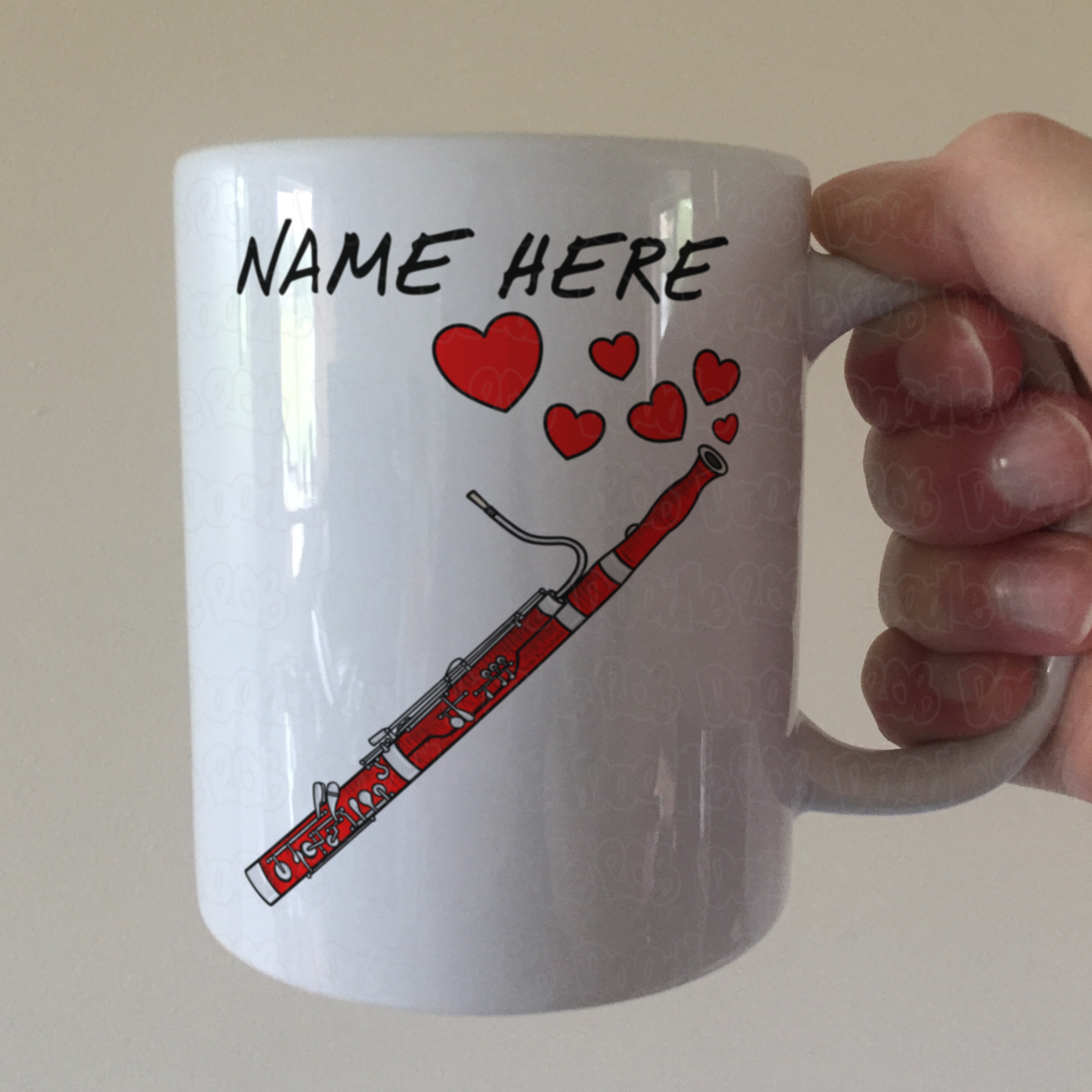 Personalised Bassoon Mug (Hearts) - Bassoonist Anniversary Gift - Custom Woodwind Musician Mug