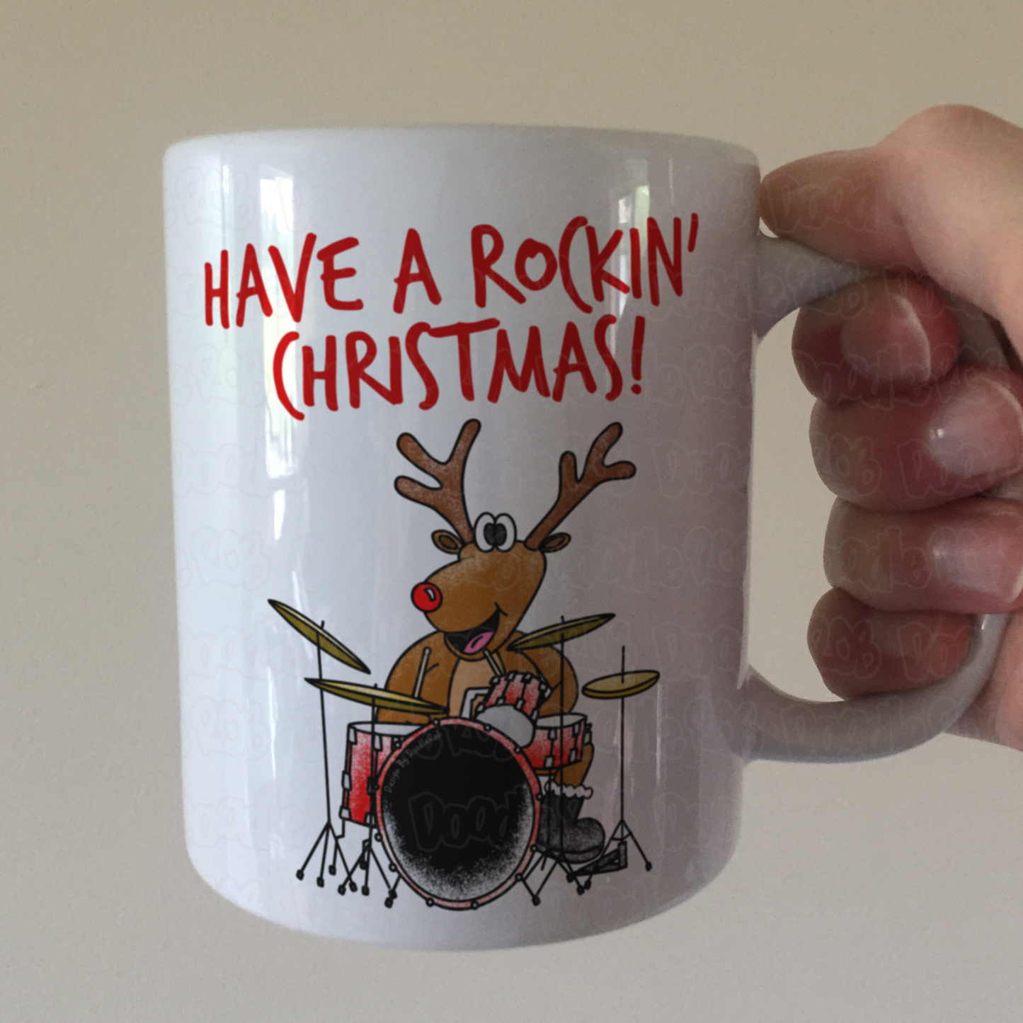 Drummer Christmas Mug - Rudolf The Reindeer Playing Drums - Musician Xmas Gift