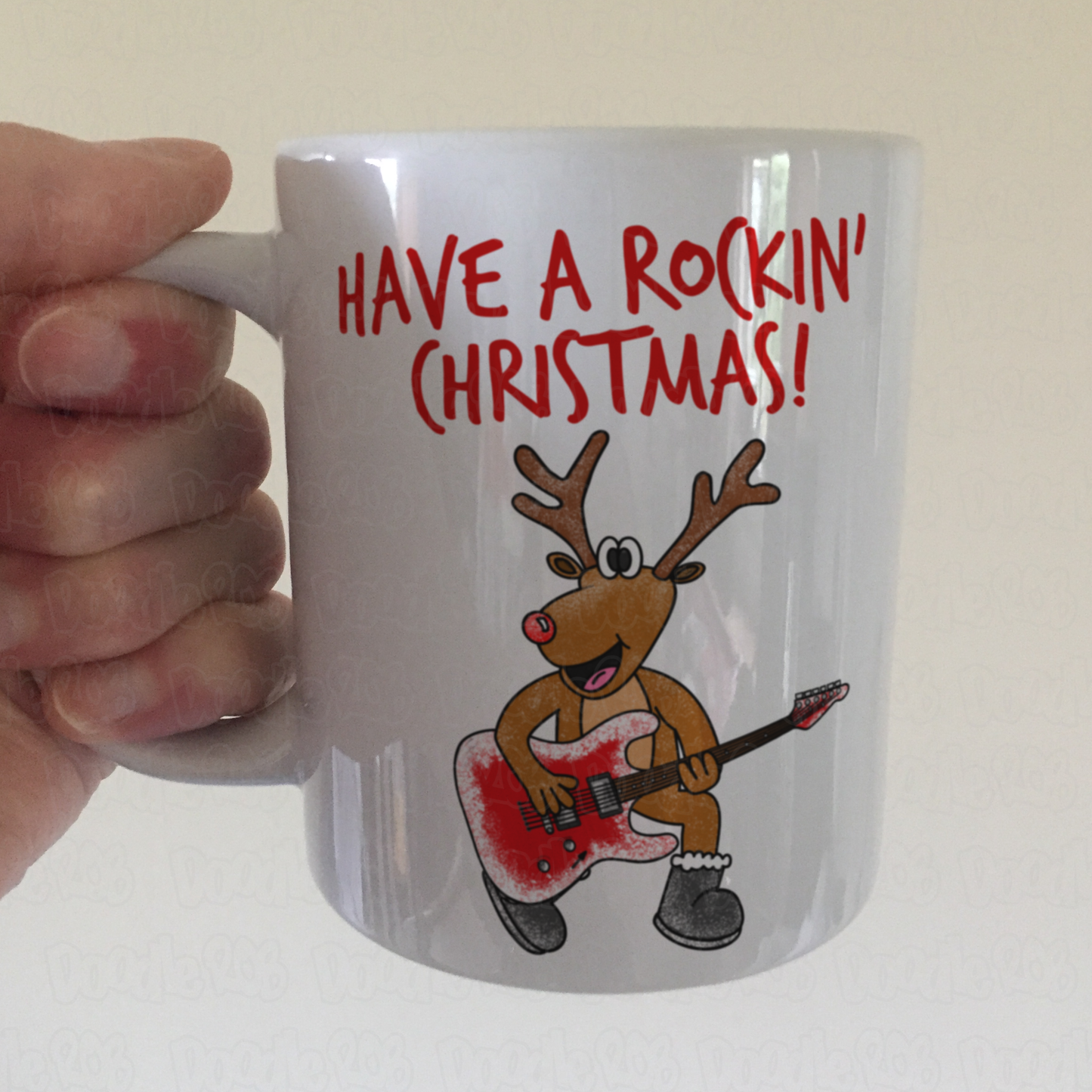 Christmas Guitar Mug - Reindeer Playing Electric Guitar - Guitarist Xmas Gift