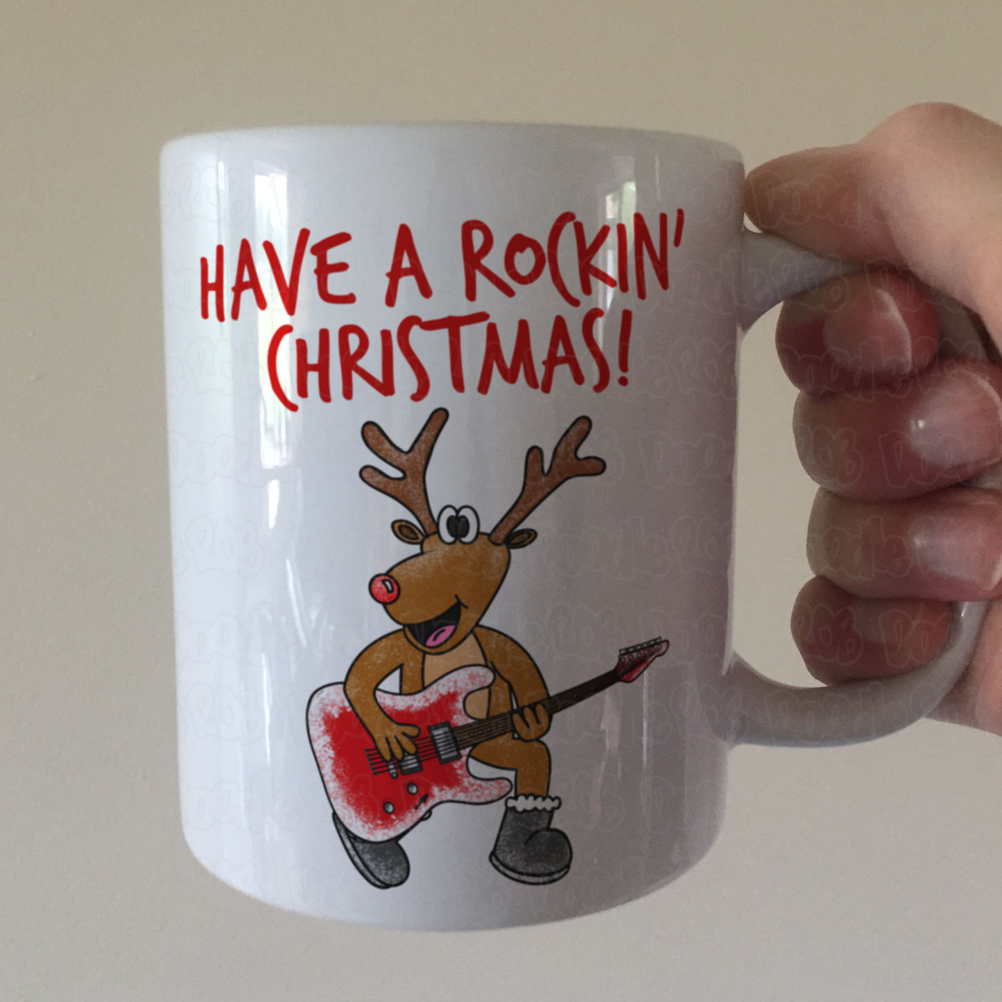 Christmas Guitar Mug - Reindeer Playing Electric Guitar - Guitarist Xmas Gift