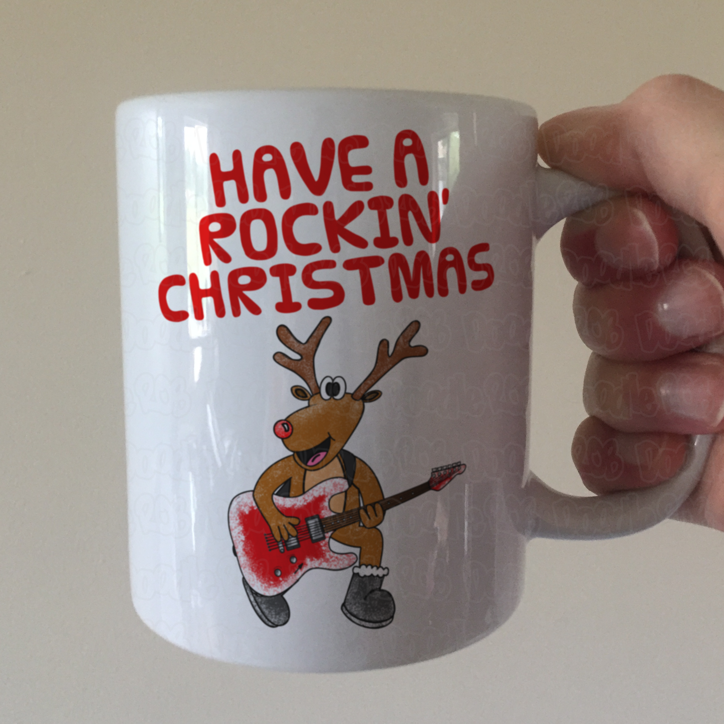 Christmas Guitar Mug - Reindeer Playing Electric Guitar - Guitarist Xmas Gift