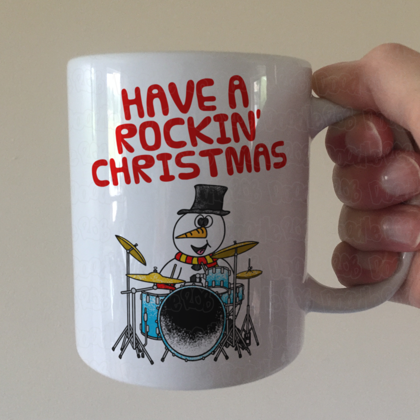 Drummer Christmas Mug - Snowman Playing Drums - Have A Rockin' Christmas - Drum Teacher Xmas Gift