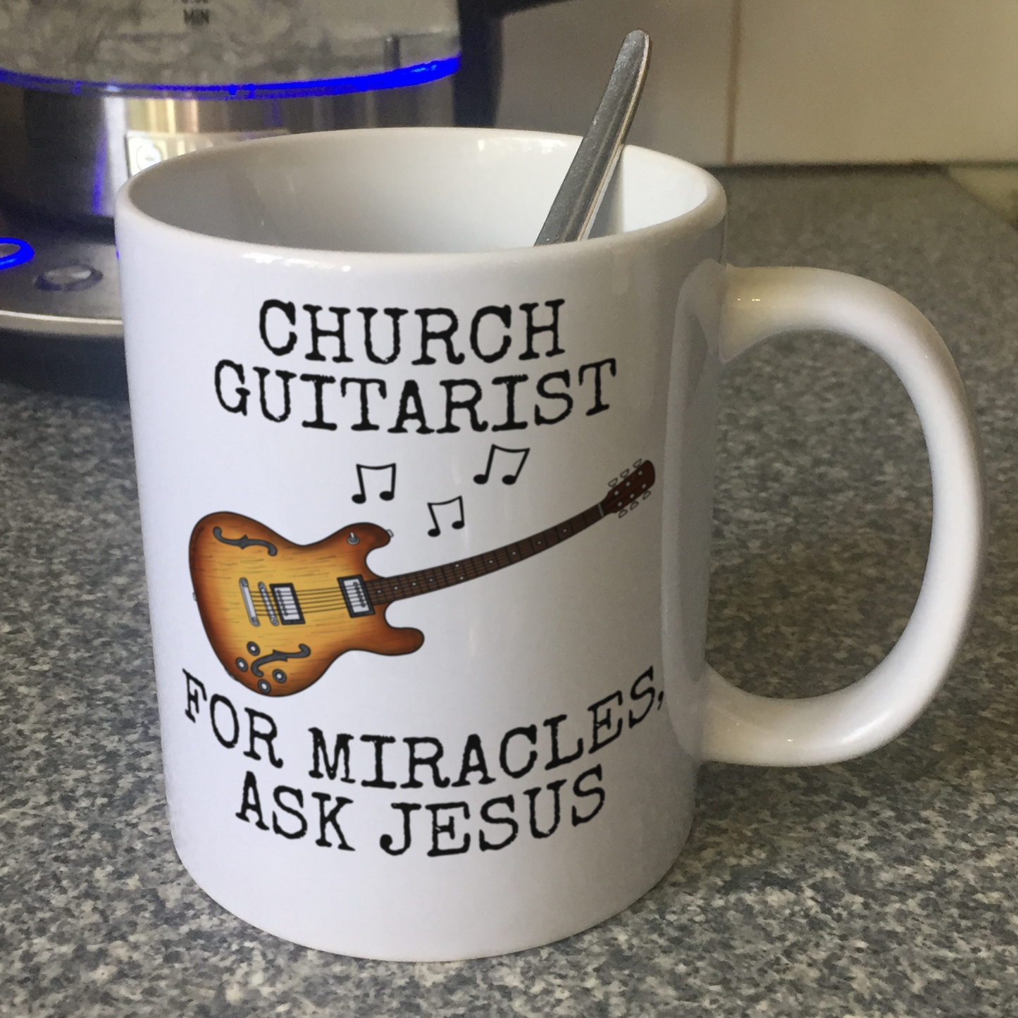 Funny Church Guitarist Mug (Electric Guitar) - For Miracles, Ask Jesus - Christian Musician Gift