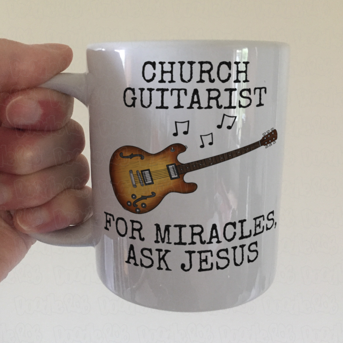 Funny Church Guitarist Mug (Electric Guitar) - For Miracles, Ask Jesus - Christian Musician Gift