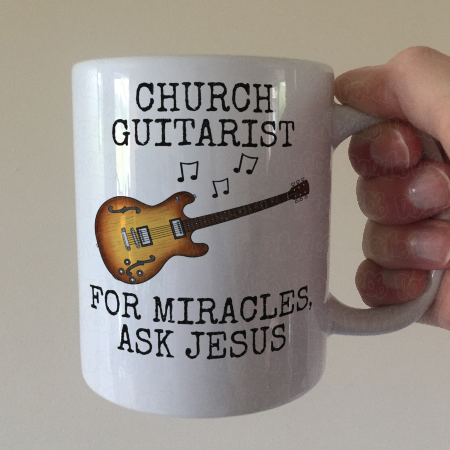 Funny Church Guitarist Mug (Electric Guitar) - For Miracles, Ask Jesus - Christian Musician Gift