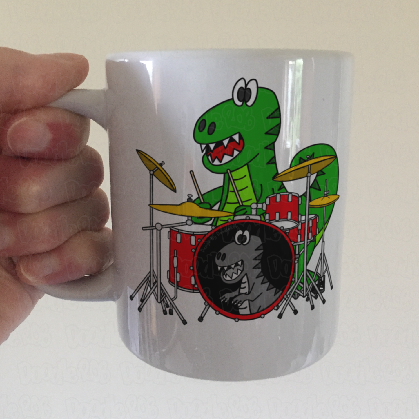 Dinosaur Drummer Mug - T-Rex Playing Drums - Drum Teacher Gift