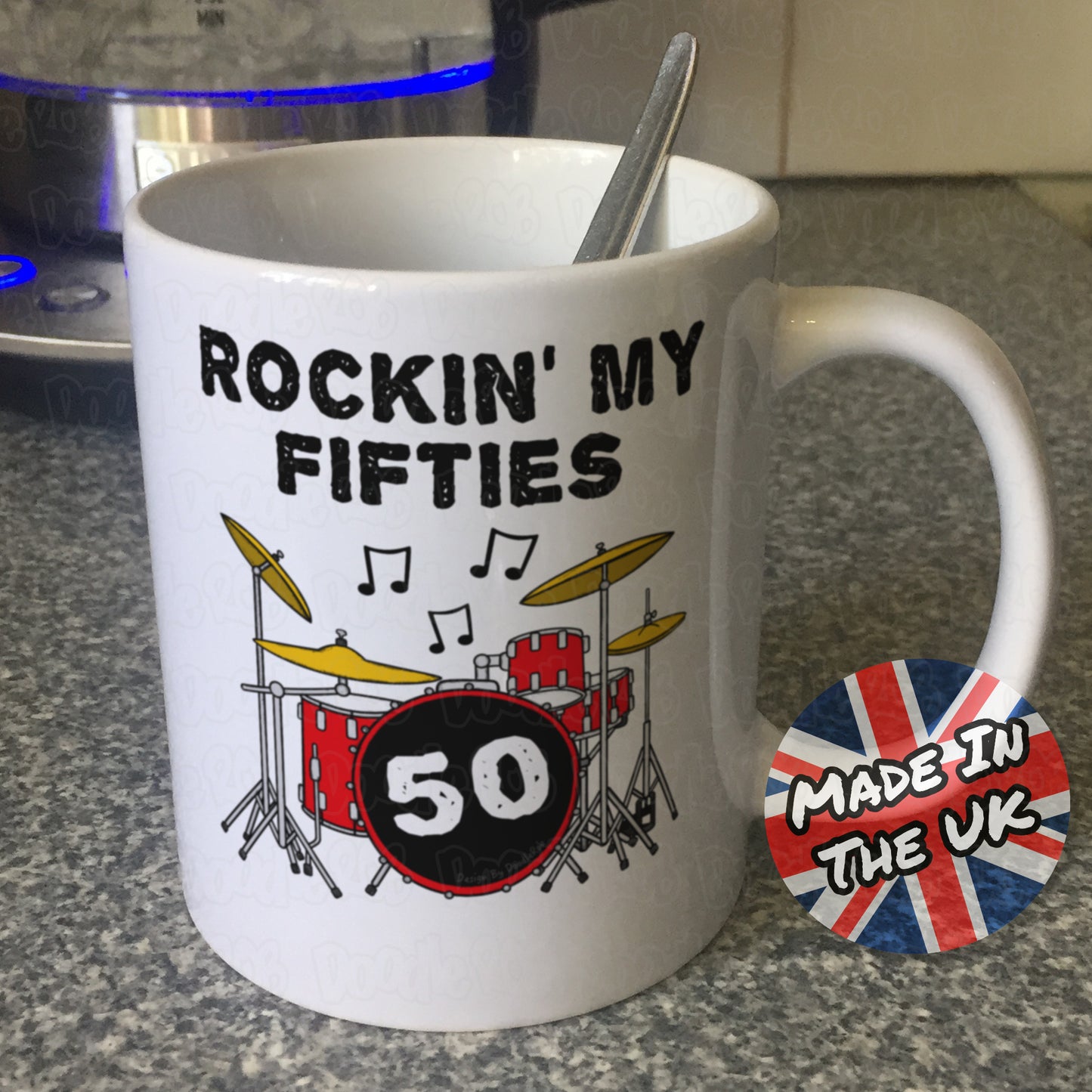 50th Birthday Drummer Mug - Rockin' My Fifties - Gift For 50 Year Old - Drum Teacher Mug