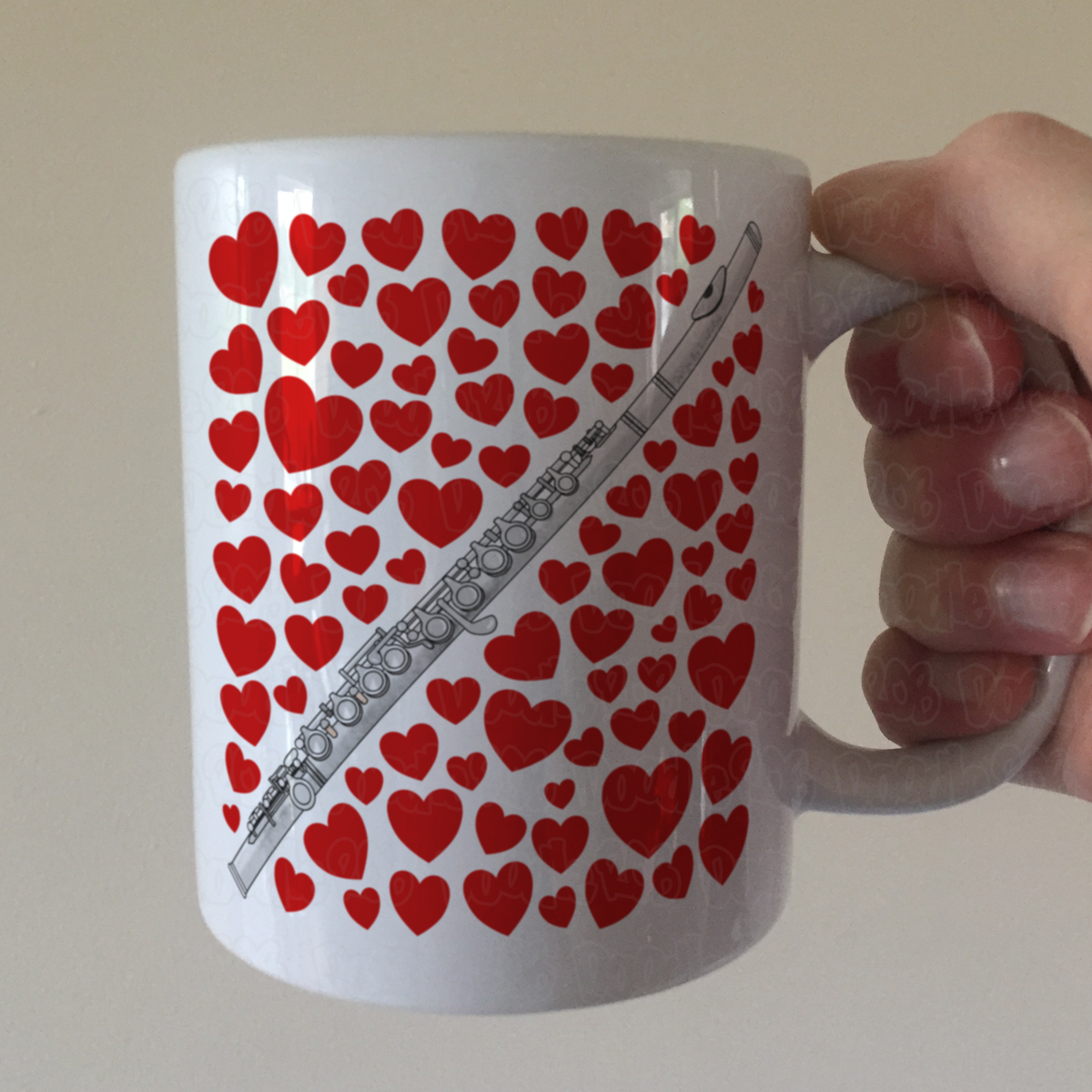 Flute With Hearts Mug - Gift For Flautist - Woodwind Musician Valentines Anniversary Gift