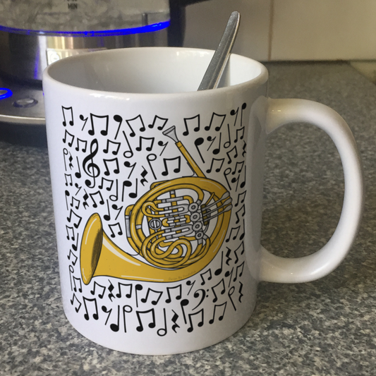 French Horn Musical Notes Mug - Horn Player Mug - Brass Musician Orchestra Gift