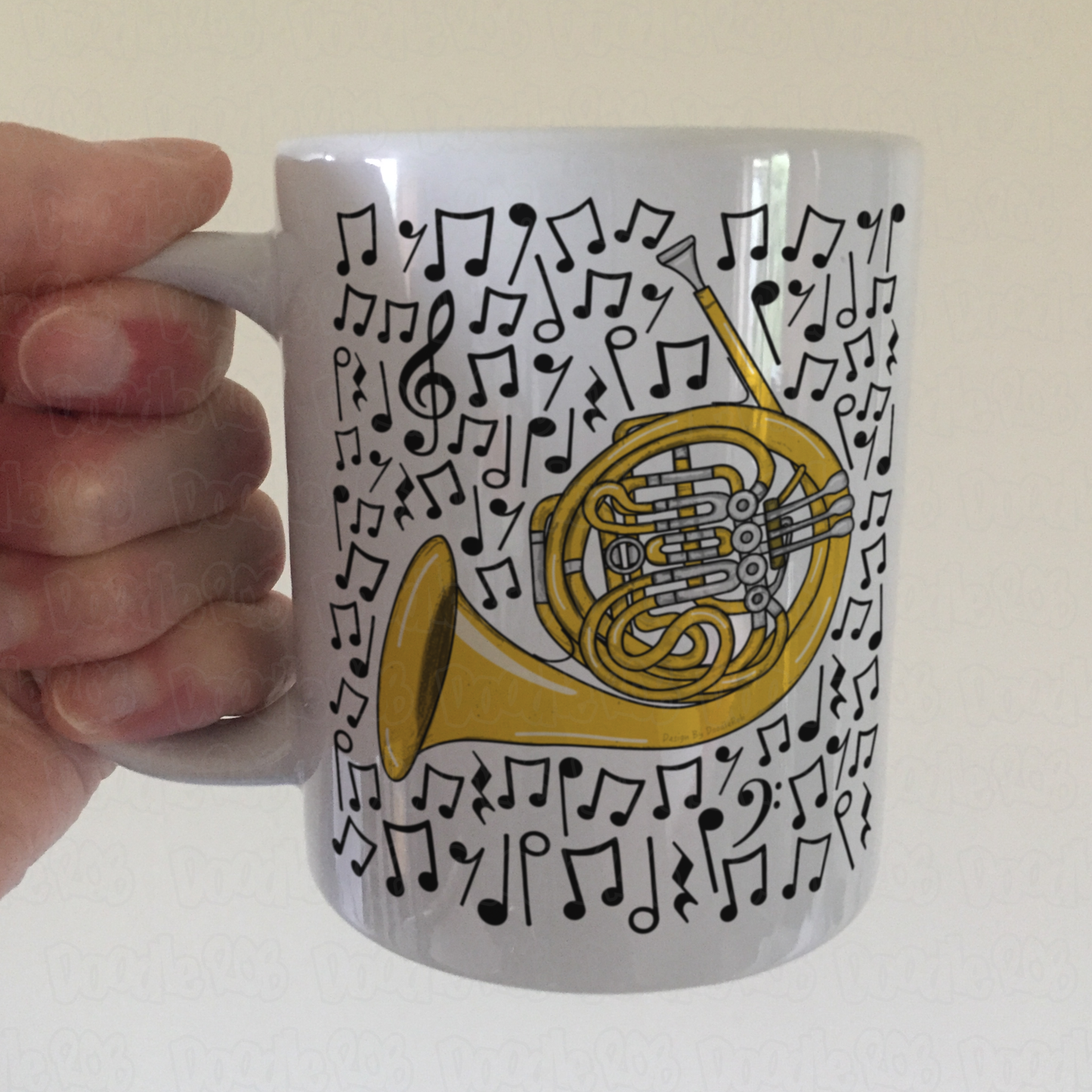 French Horn Musical Notes Mug - Horn Player Mug - Brass Musician Orchestra Gift