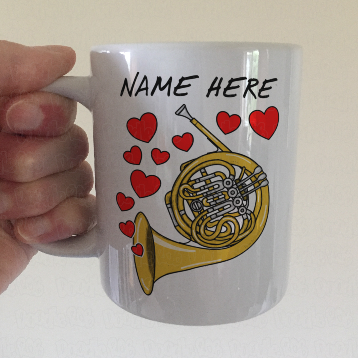 Personalised French Horn Mug (Hearts) - Horn Player Anniversary Gift - Brass Musician Custom Mug