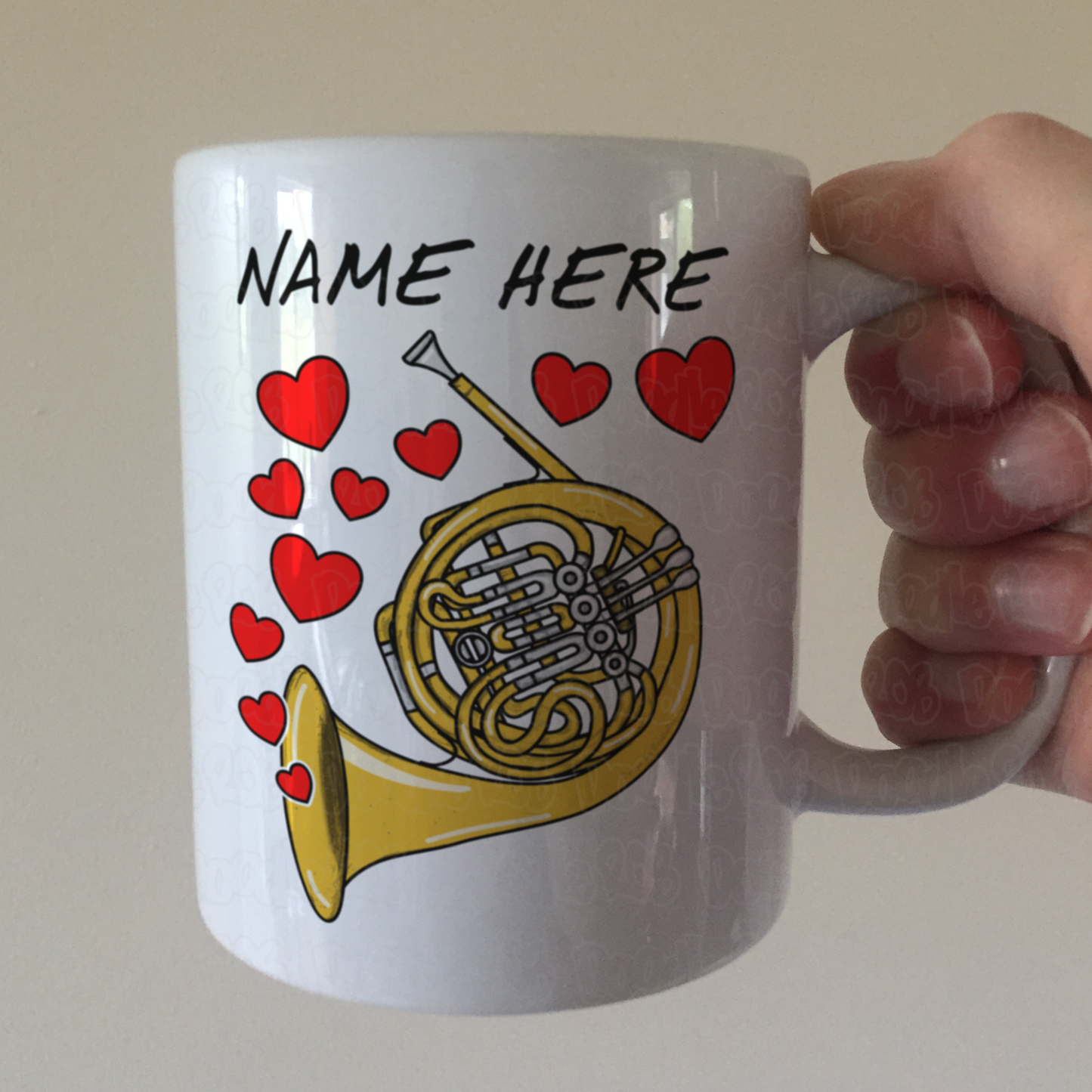 Personalised French Horn Mug (Hearts) - Horn Player Anniversary Gift - Brass Musician Custom Mug