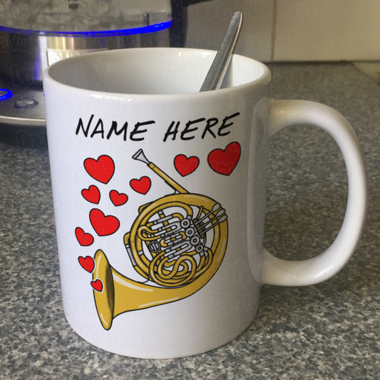 Personalised French Horn Mug (Hearts) - Horn Player Anniversary Gift - Brass Musician Custom Mug