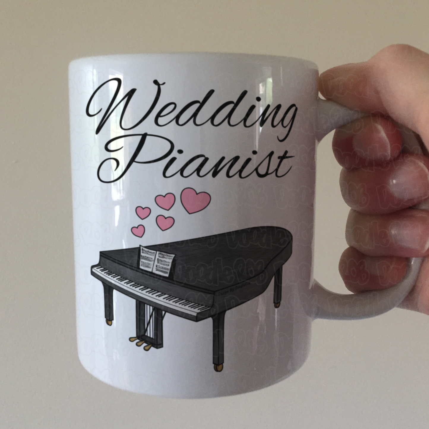 Wedding Pianist Mug - Grand Piano With Pink Hearts - Musician Gift