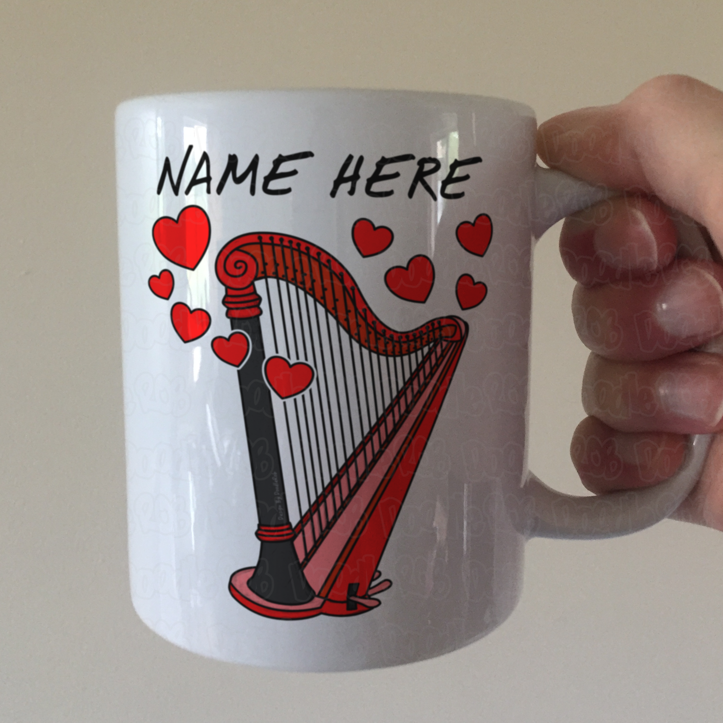 Harp Personalised Mug (Hearts) - Custom Gift For Harpist - Wedding Harpist Gift - Valentines Musician Mug