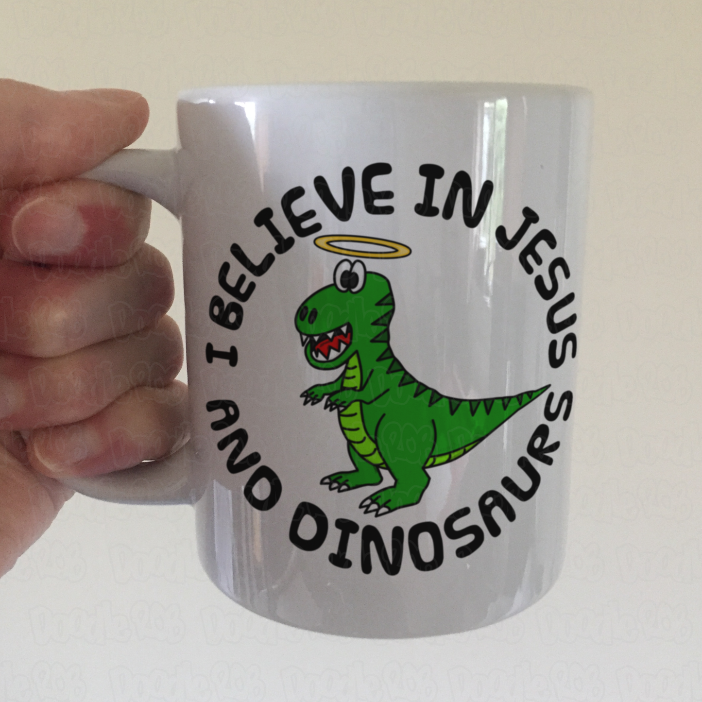 Christian Dinosaur Mug - I Believe In Jesus and Dinosaurs - Funny Church Pastor Gift