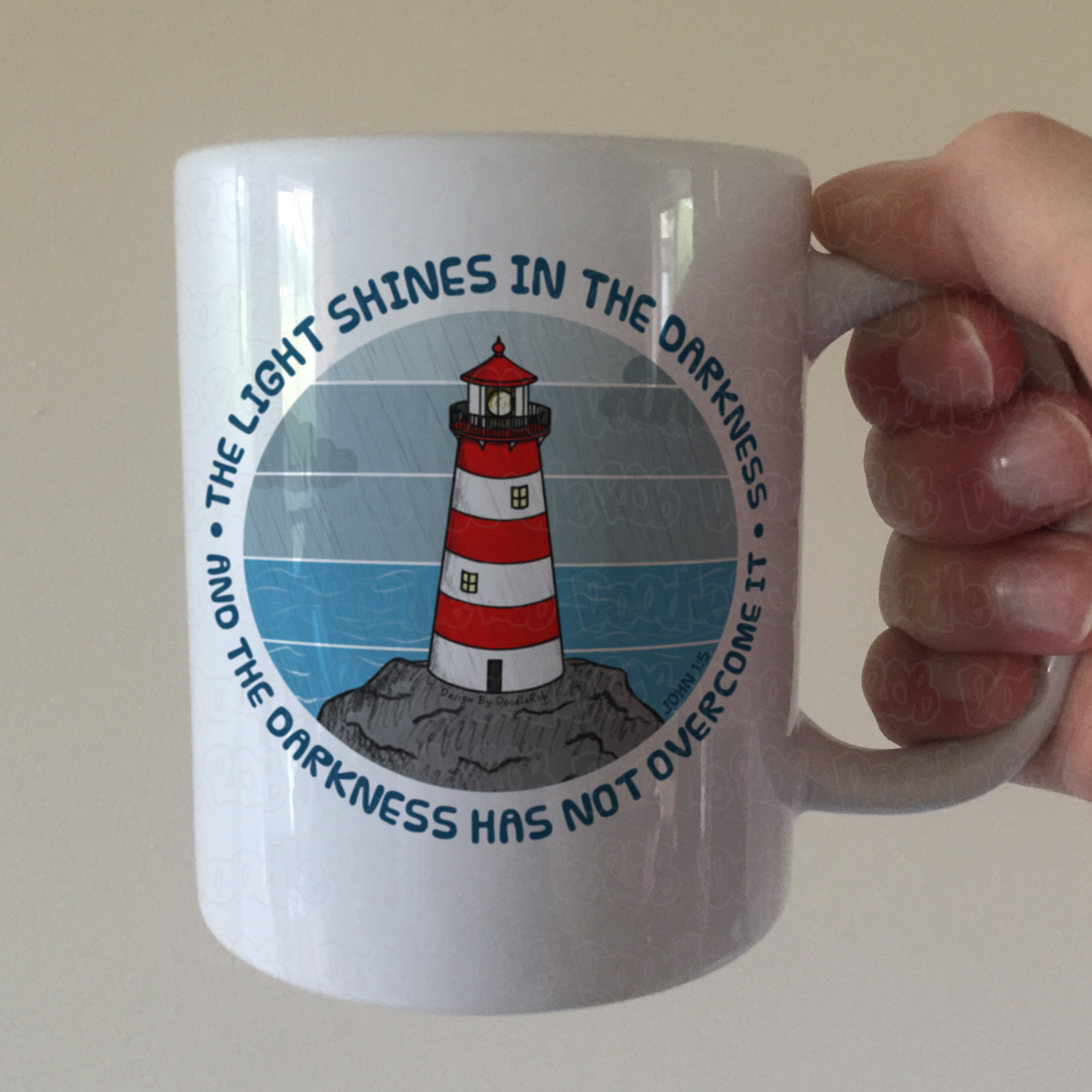 Christian Lighthouse Mug - The Light Shines In The Darkness - John 1:5 - Bible Verse Mug - Gift For Church Pastor