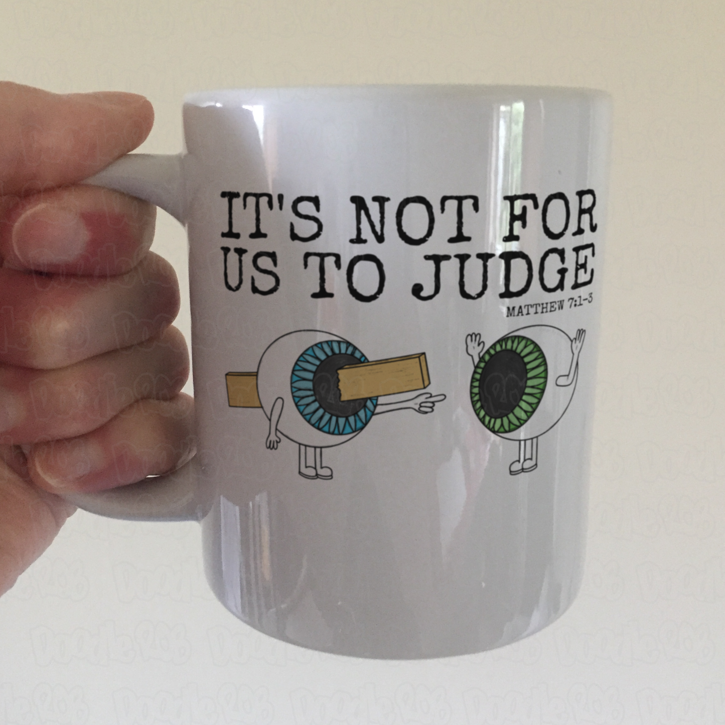 Funny Christian Mug - Plank In Eye - It's Not For Us To Judge - Matthew 7 - Church Humour