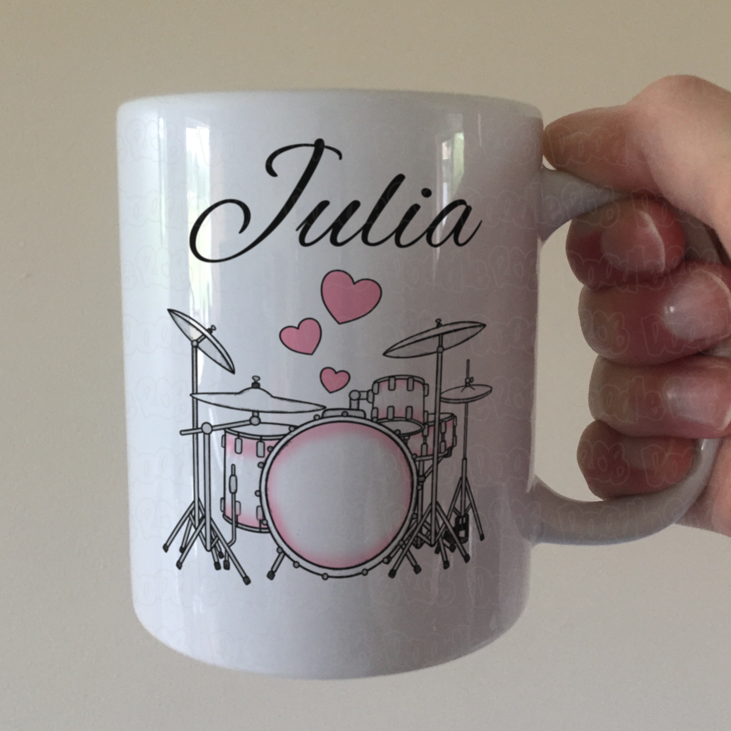 Wedding Drummer Personalised Mug - Drum Kit With Pink Hearts - Musician Custom Gift