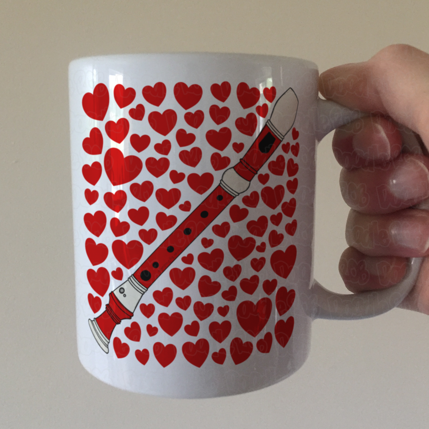 Recorder With Hearts Mug - Gift For Recorderist - Woodwind Musician Valentines Anniversary Gift