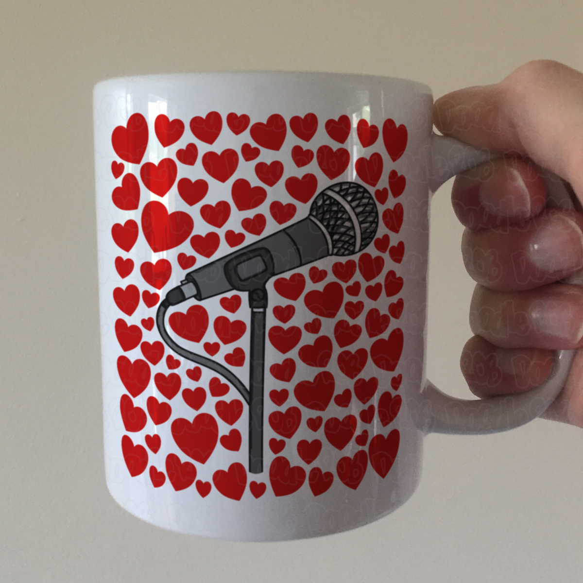 Singer Microphone With Hearts Mug - Gift For Vocalist - Singing Teacher Mug - Musician Valentines Anniversary Gift