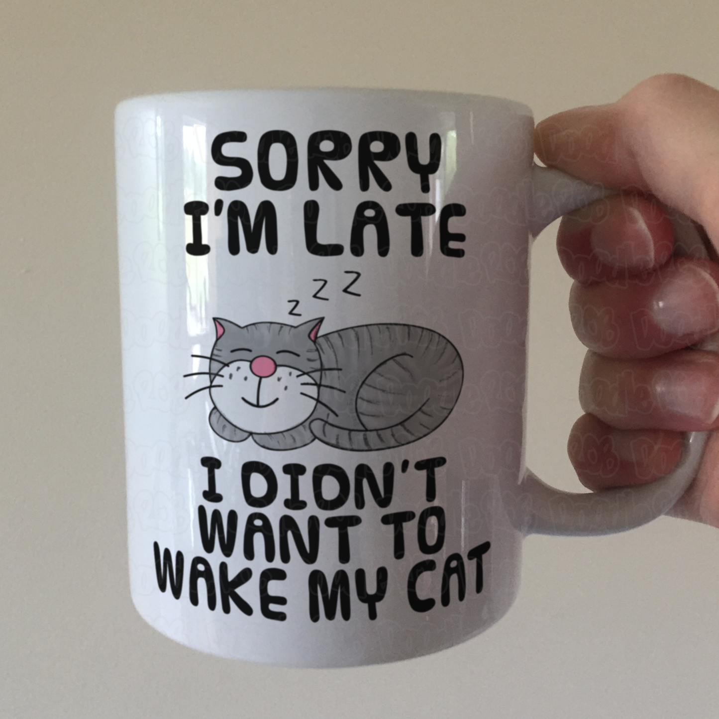 Sleeping Cat Mug (Grey) - Sorry I'm Late, I Didn't Want To Wake My Cat - Funny Gift For Cat Lover