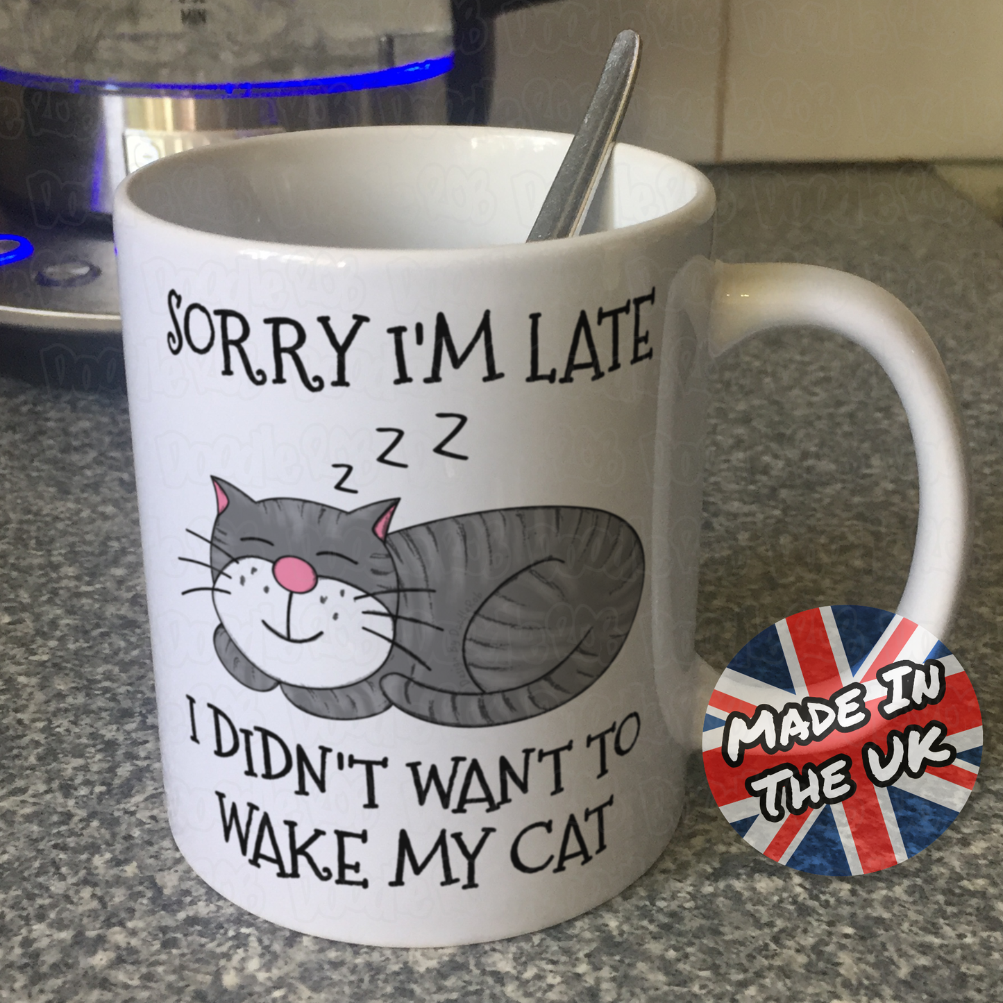 Sleeping Cat Mug (Grey) - Sorry I'm Late, I Didn't Want To Wake My Cat - Funny Gift For Cat Lover