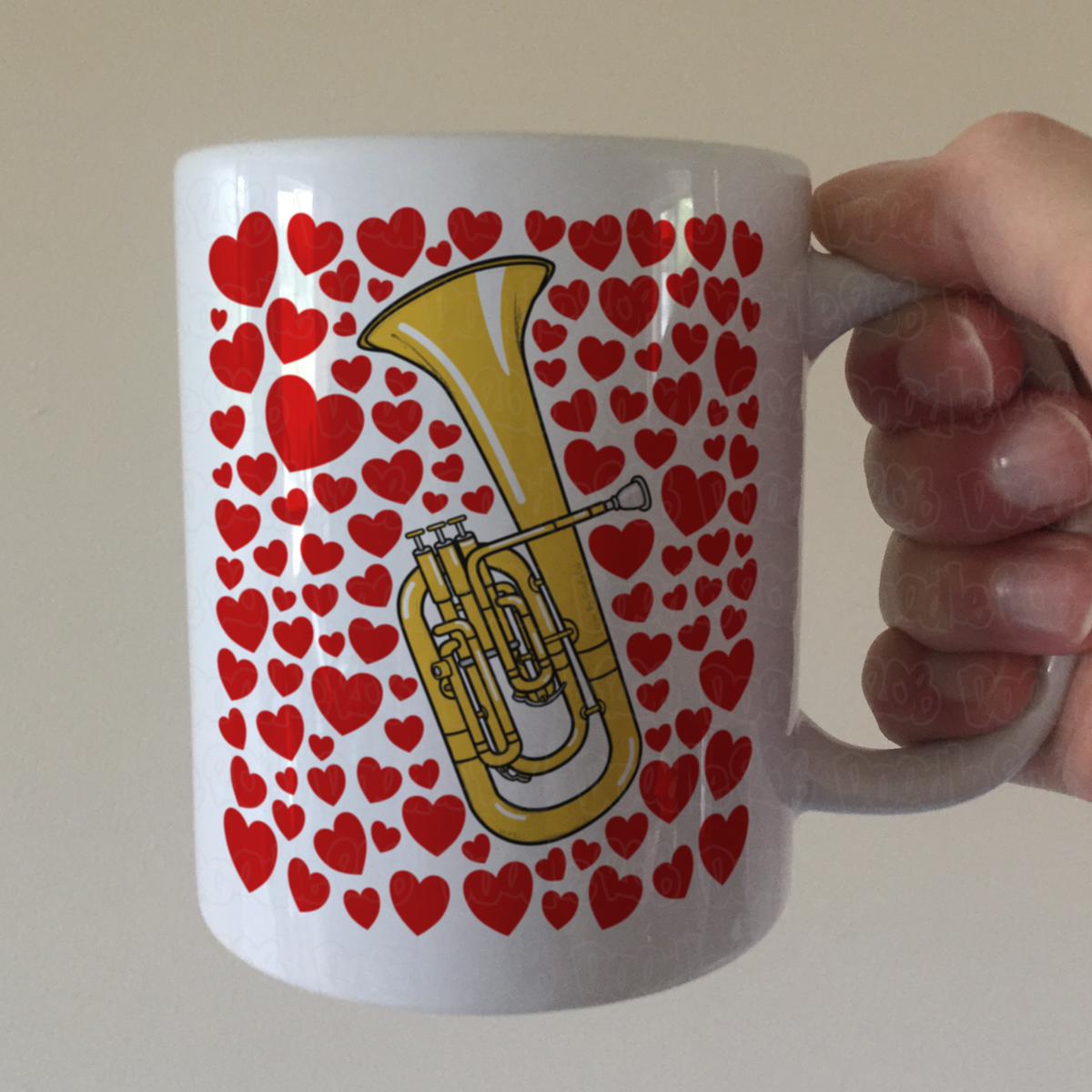 Tenor Horn With Hearts Mug - Gift For Horn Player - Brass Musician Valentines Anniversary Gift