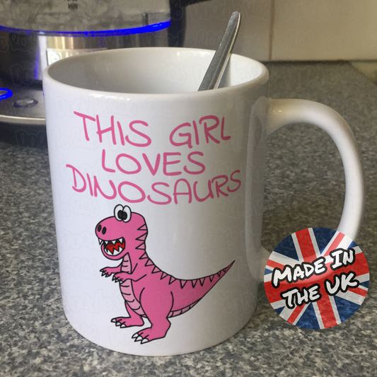 Girl's T-Rex Dinosaur Mug - This Girl Loves Dinosaurs - Pink Dinosaur Gift For Her