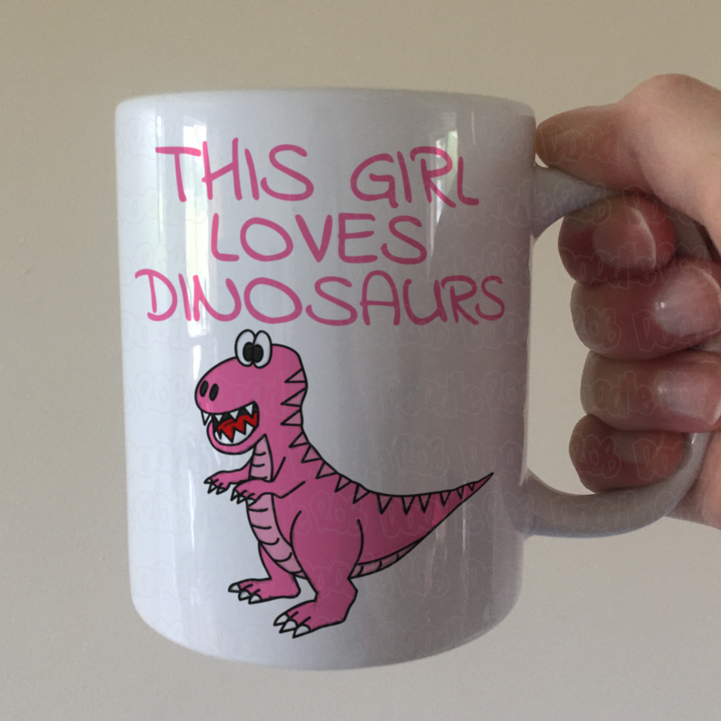 Girl's T-Rex Dinosaur Mug - This Girl Loves Dinosaurs - Pink Dinosaur Gift For Her