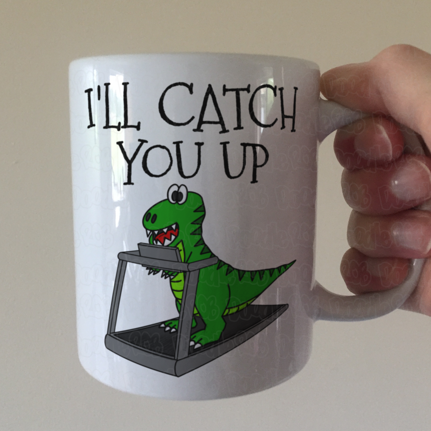 Funny Fitness Mug - Dinosaur On A Treadmill - I'll Catch You Up - Gift For Gym Goer - Personal Trainer Gift