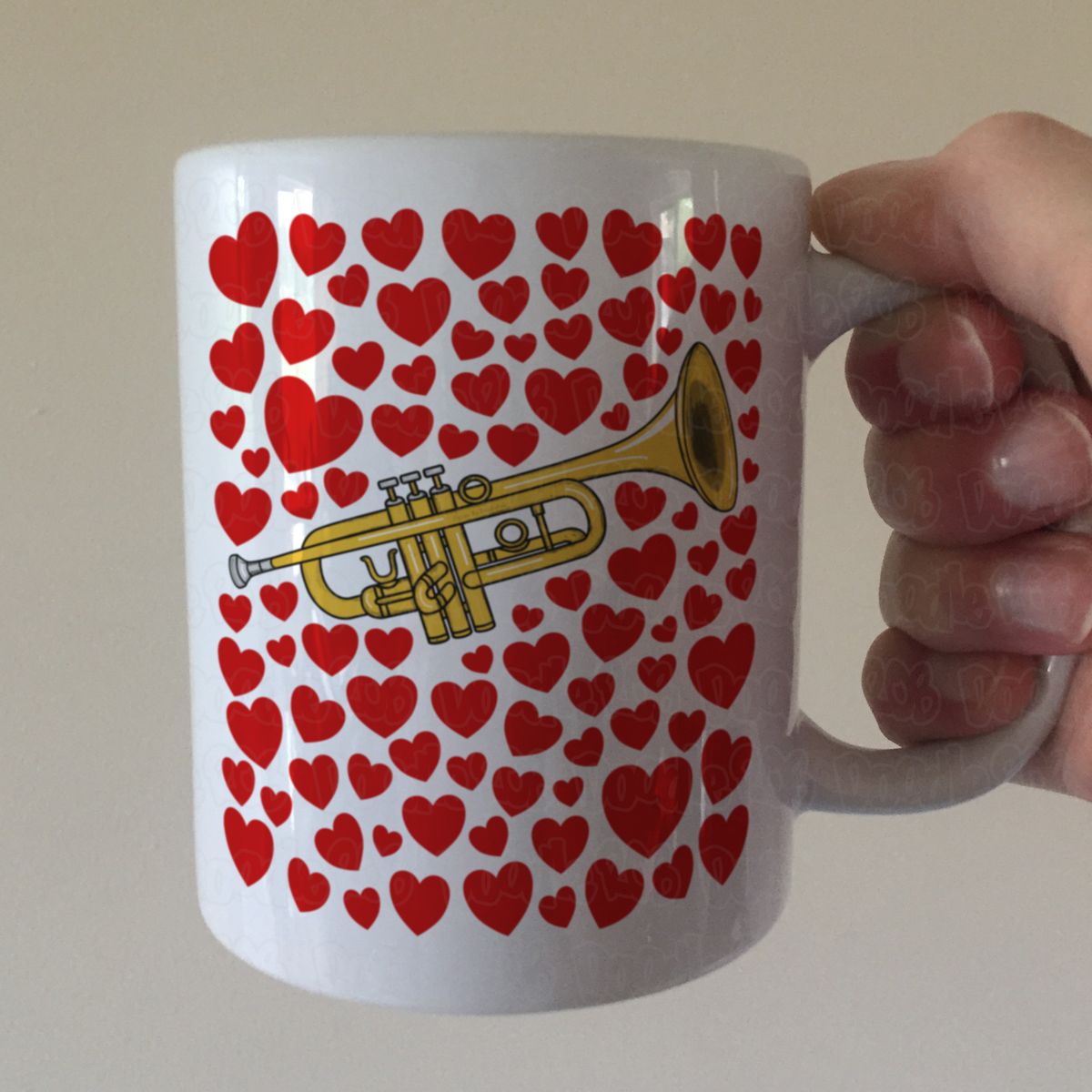 Trumpet With Hearts Mug - Gift For Trumpeter - Brass Musician Valentines Anniversary Gift