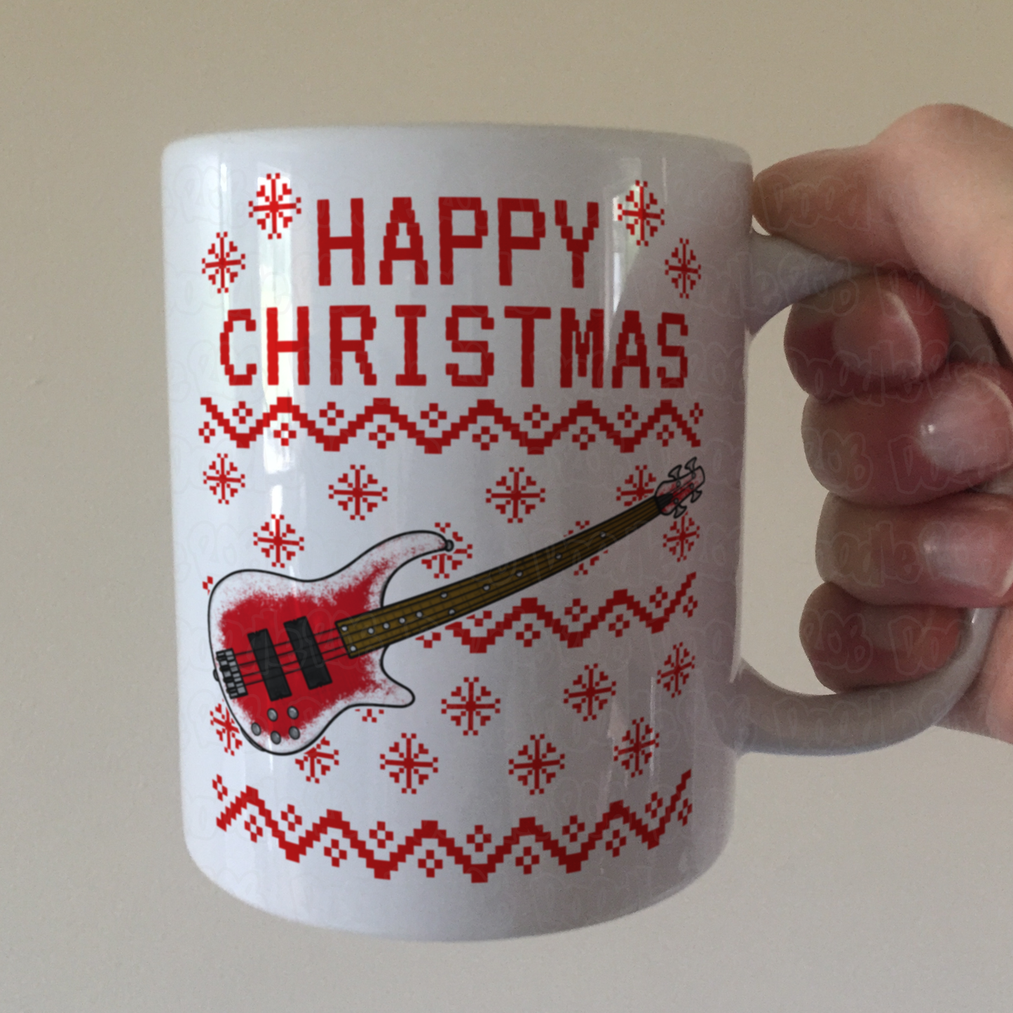 Bass Guitar Christmas Mug (Ugly Sweater Style) - Bassist Xmas Gift - Bass Teacher Mug