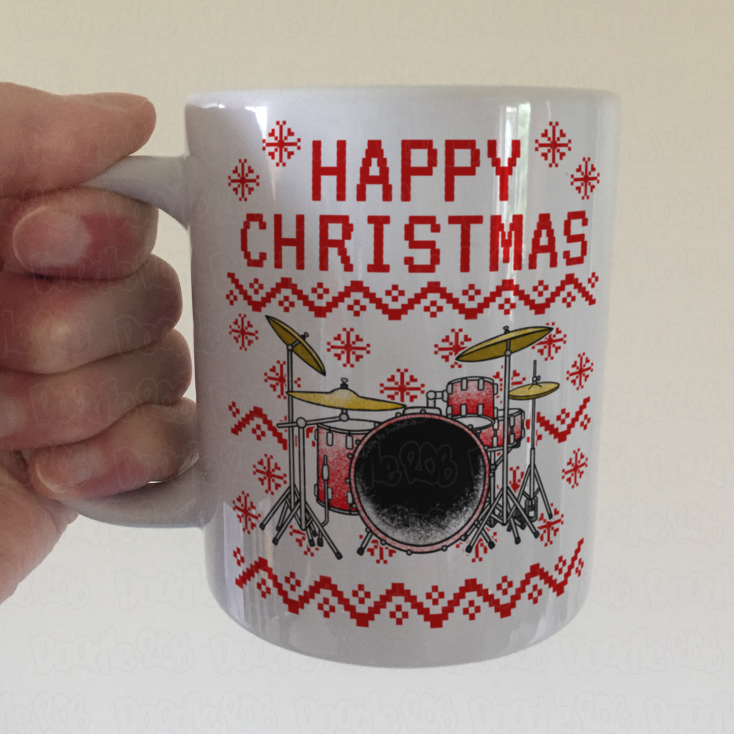 Drummer Christmas Mug (Ugly Sweater Style) - Drum Teacher Xmas Mug - Musician Christmas Gift