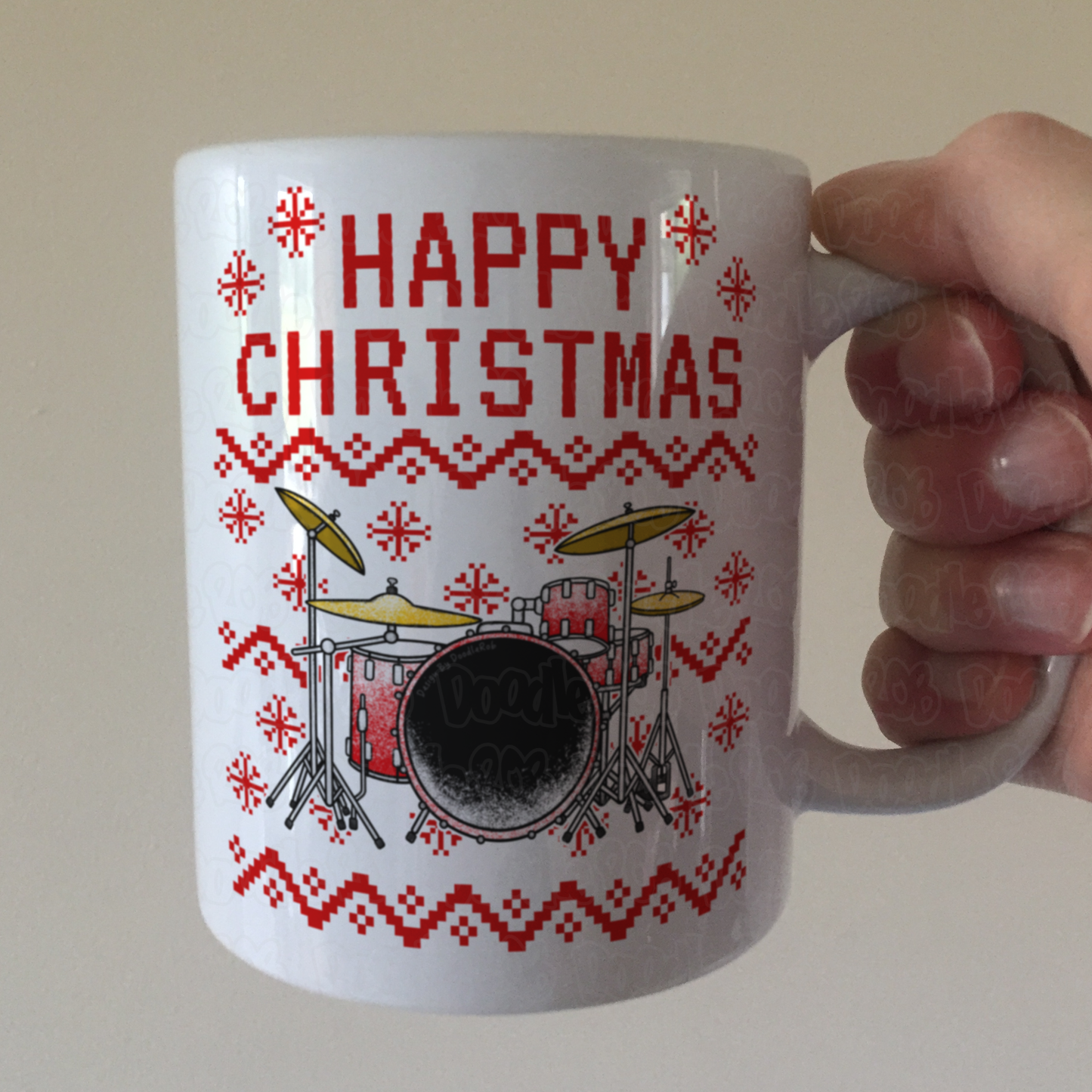 Drummer Christmas Mug (Ugly Sweater Style) - Drum Teacher Xmas Mug - Musician Christmas Gift