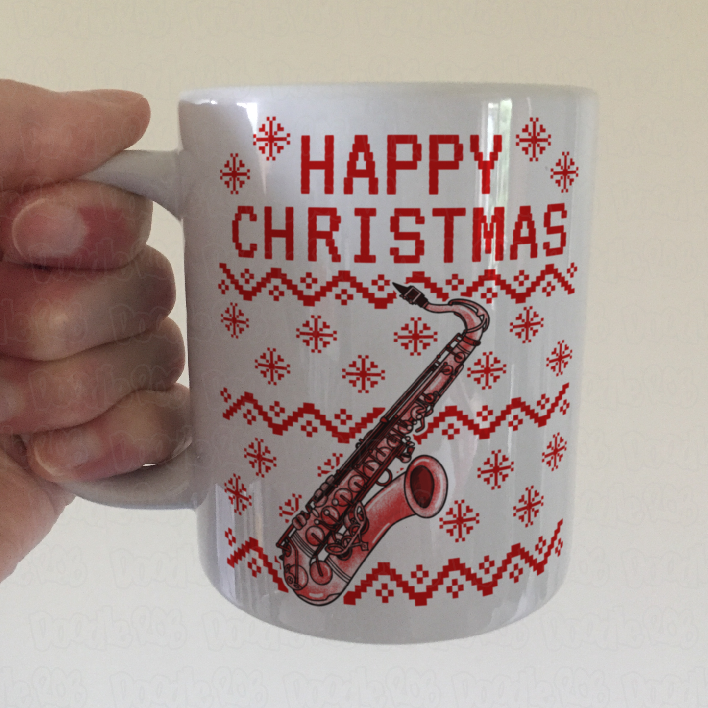 Saxophone Christmas Mug (Ugly Sweater Style) - Saxophonist Mug - Musician Xmas Gift