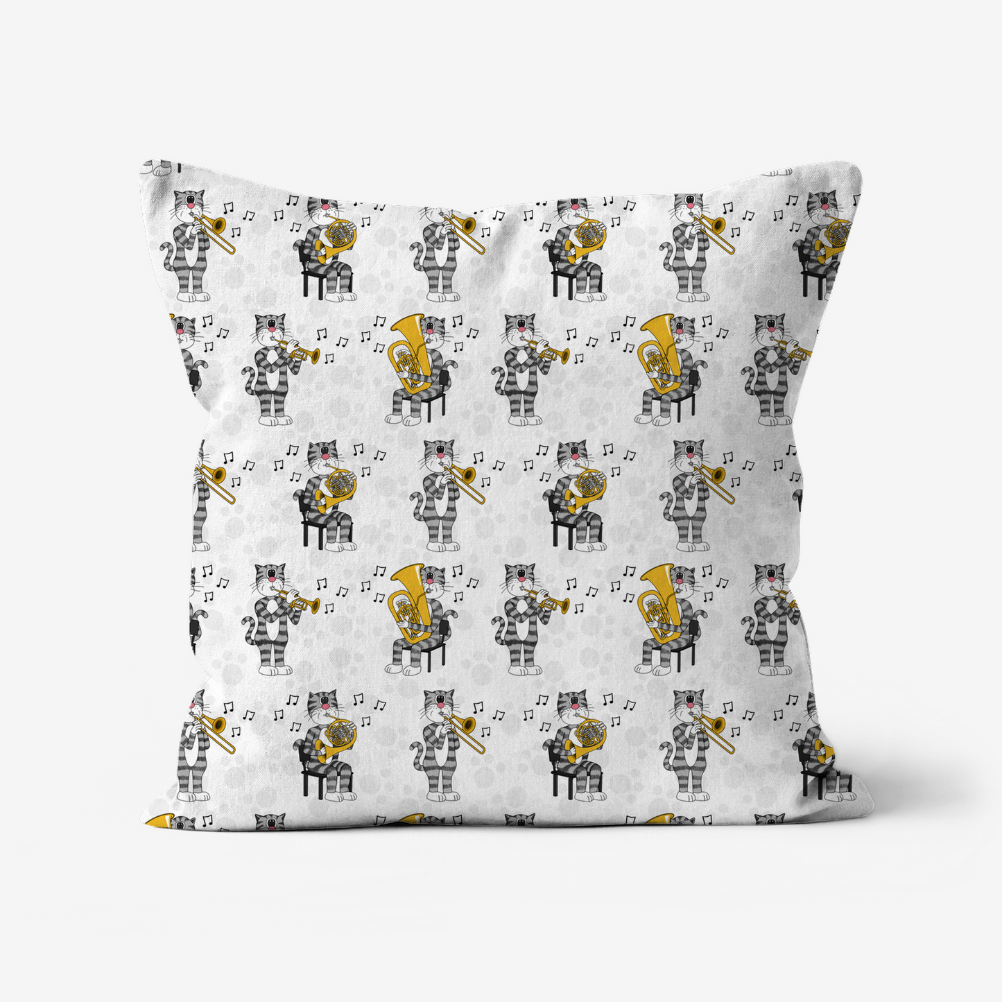 Cat Brass Band Music Pattern Cushion - Trumpet, Trombone, French Horn, Tuba - Musician Music Room Decor
